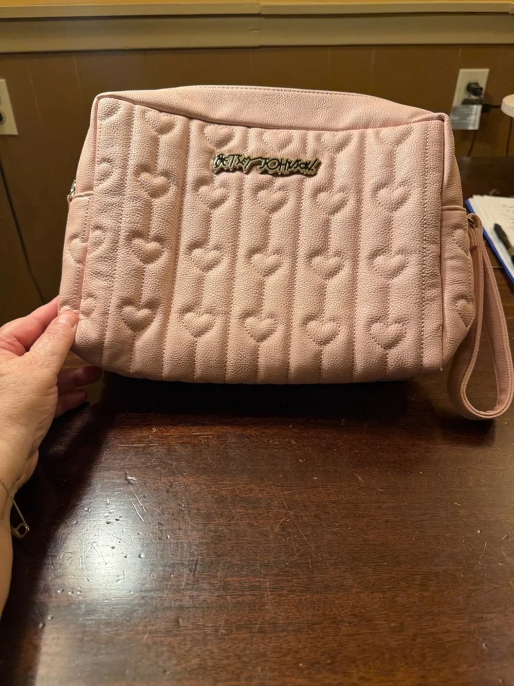 Betsey Johnson Quilted Heart Baby Pink Makeup Wristlet Bag